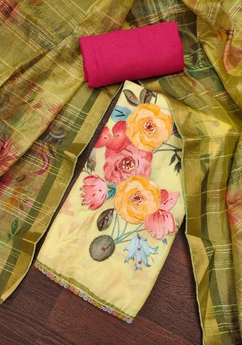 Yellow Embroidered Cotton Blend Dress Material