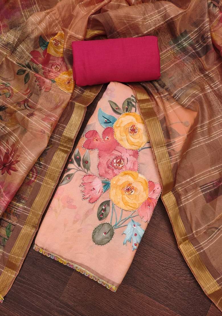 Peach Floral Print Blended Straight Kurta Set - Indya