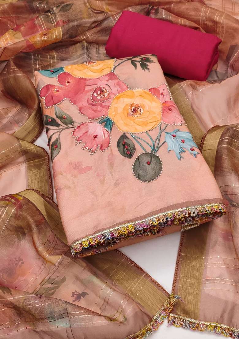 Peach Floral Print Blended Straight Kurta Set - Indya