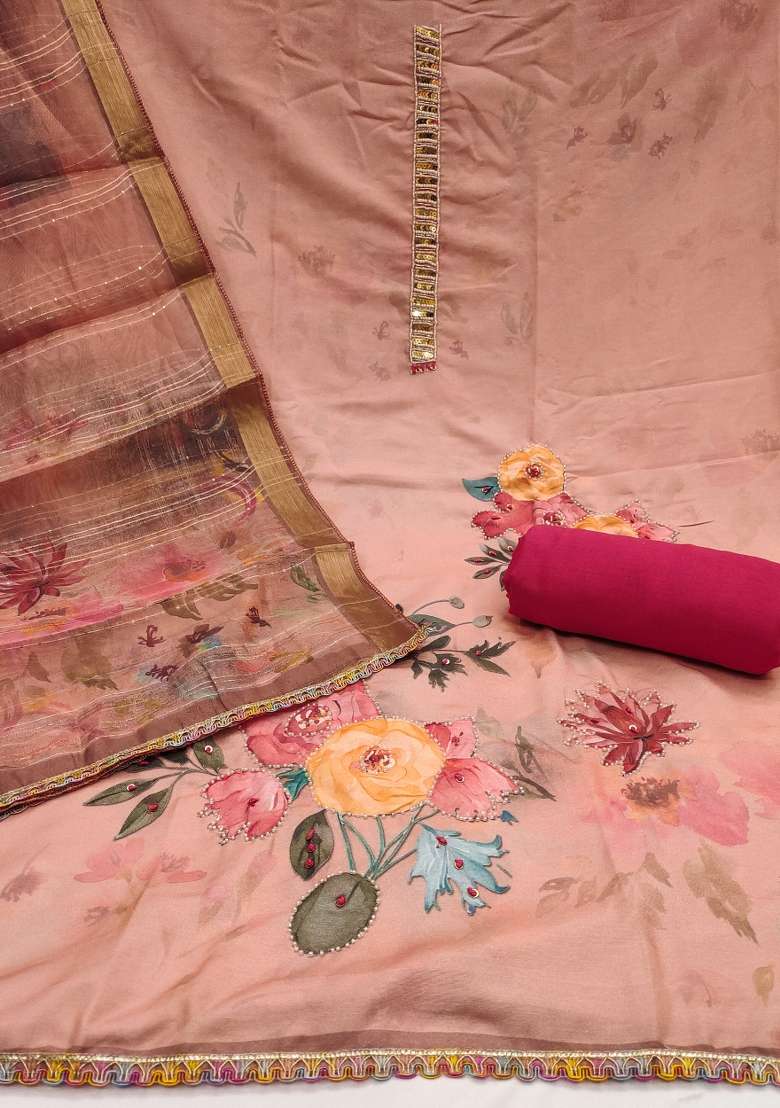 Peach Floral Print Blended Straight Kurta Set - Indya