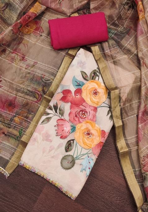 Beige Embroidered Cotton Blend Dress Material