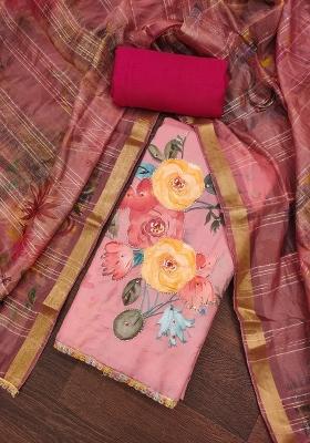 Baby Pink Embroidered Cotton Blend Dress Material