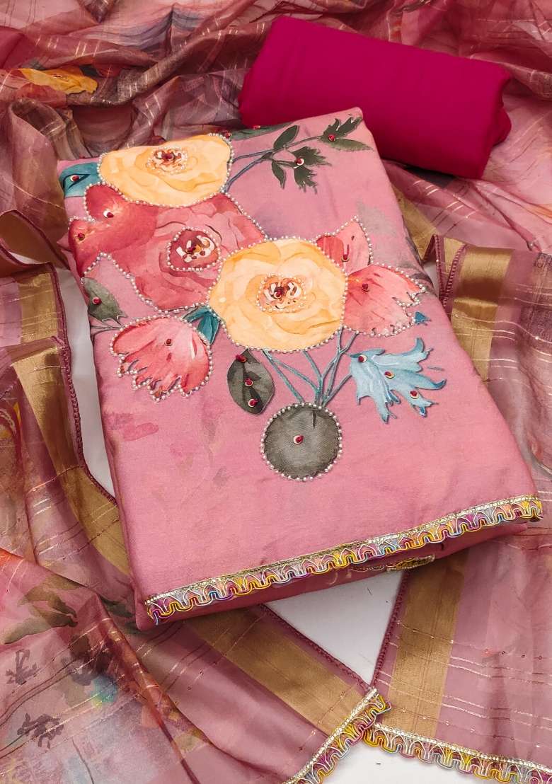 Baby Pink Floral Print Cotton Straight Kurta Set - Indya