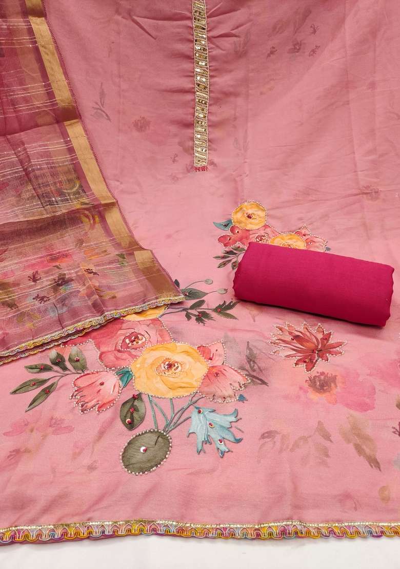 Baby Pink Floral Print Cotton Straight Kurta Set - Indya