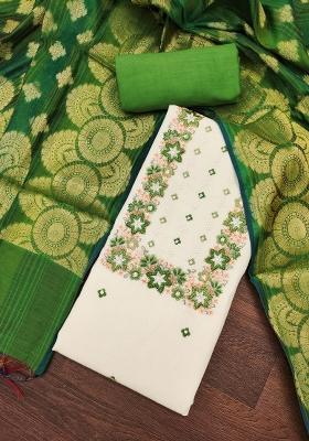 Off White Embroidered Cotton Blend Dress Material