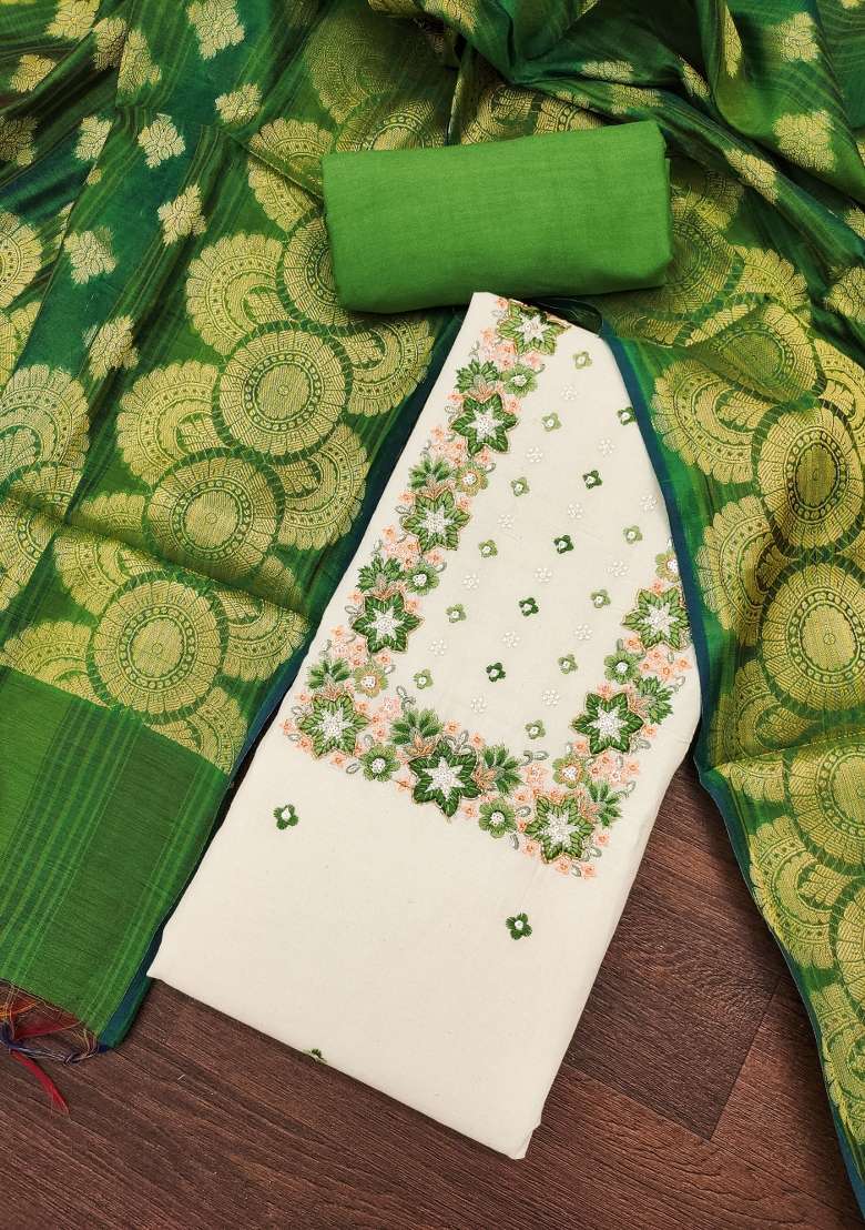Off White Embroidered Cotton Punjabi Suit - Indya