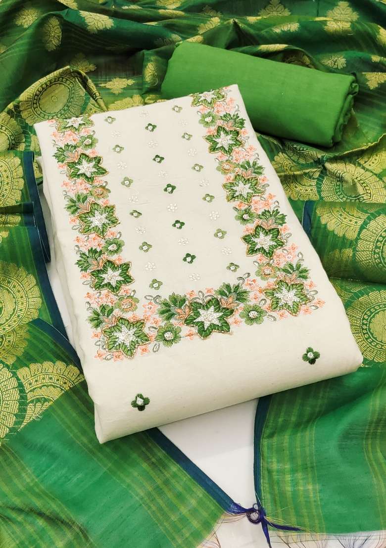 Off White Embroidered Cotton Punjabi Suit - Indya