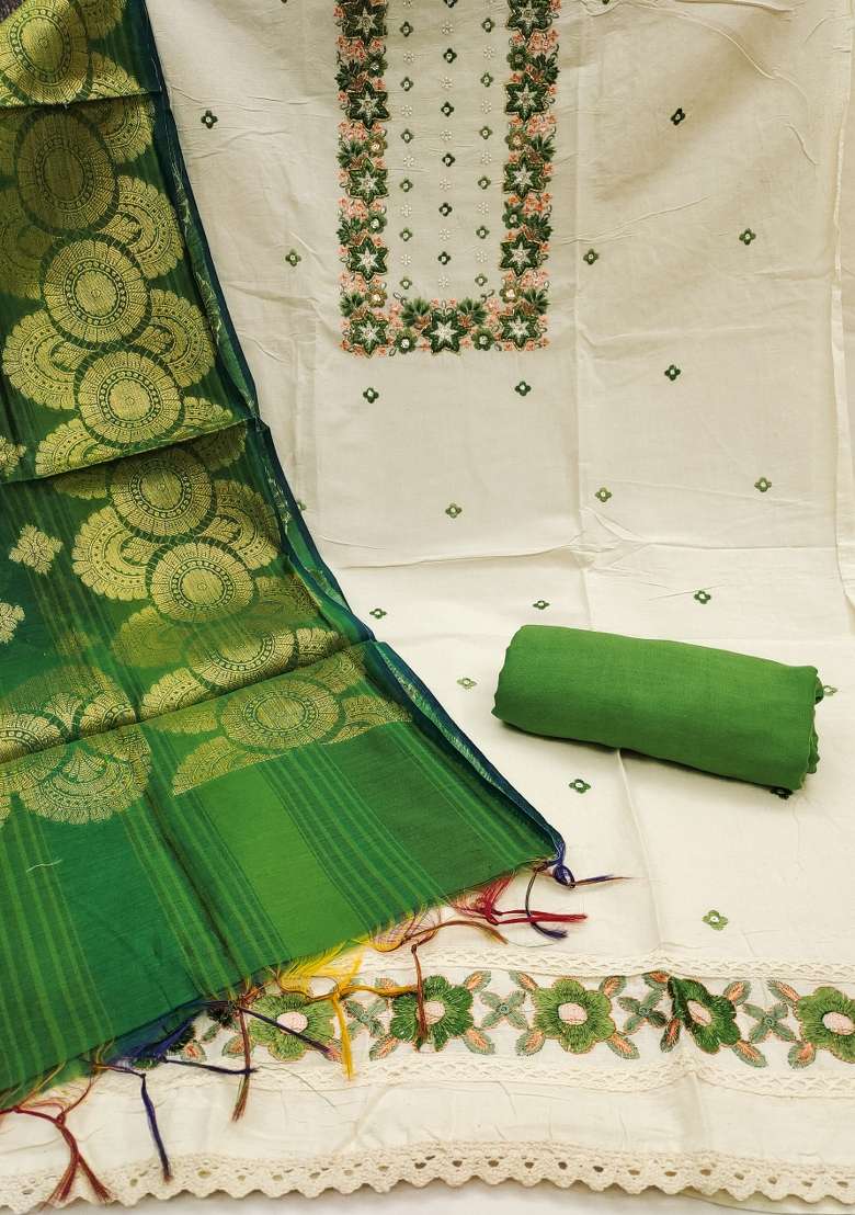 Off White Embroidered Cotton Punjabi Suit - Indya