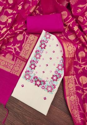 Off White Embroidered Cotton Blend Dress Material