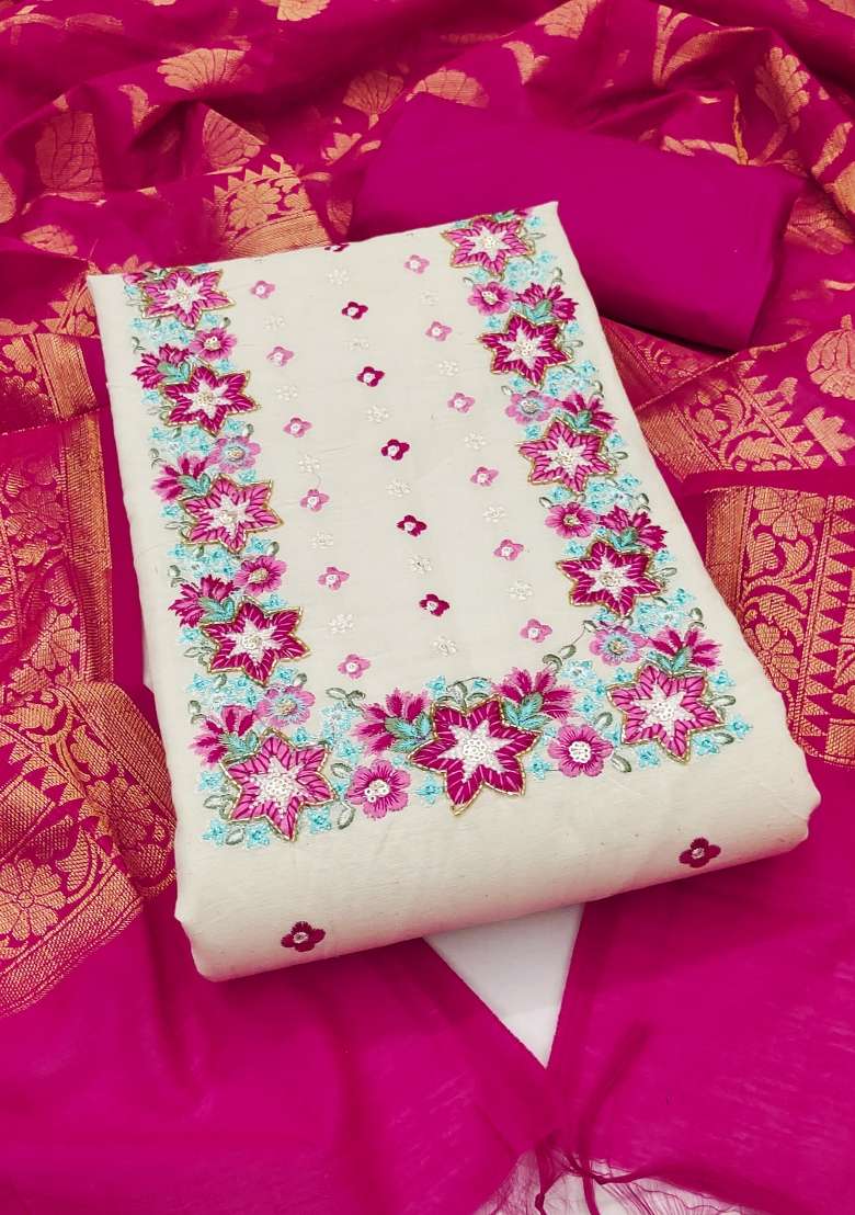 Off White Embroidered Cotton Straight Kurta Set - Indya