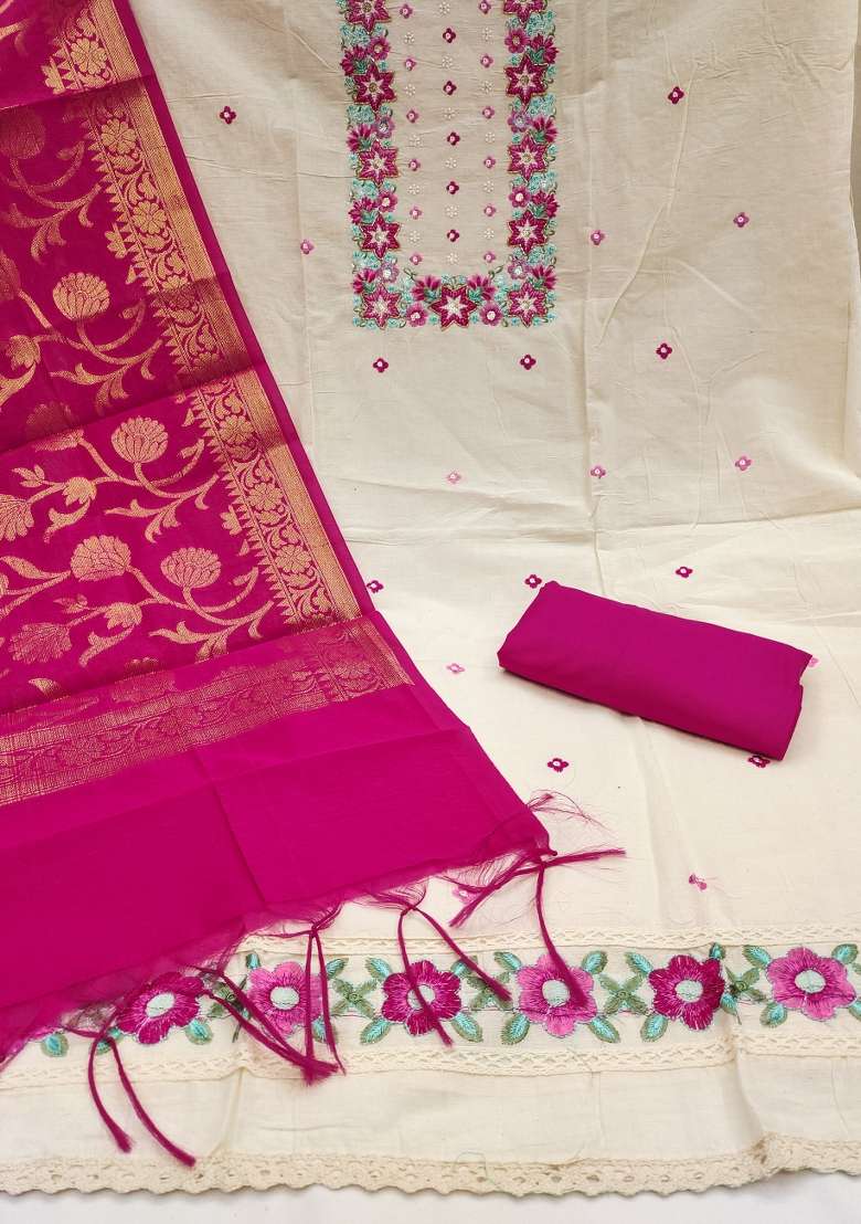 Off White Embroidered Cotton Straight Kurta Set - Indya