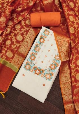 Off White Embroidered Cotton Blend Dress Material