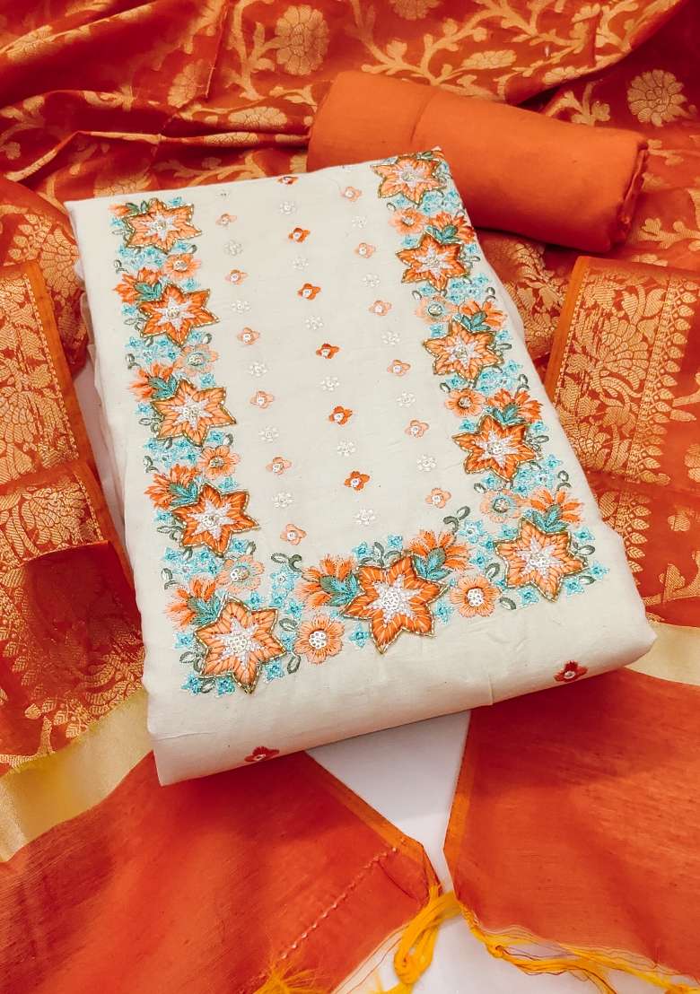 Off White Embroidered Cotton Straight Kurta Set - Indya