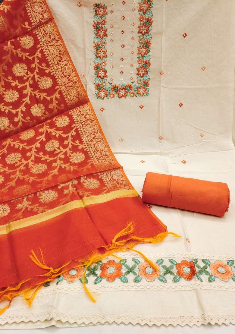 Off White Embroidered Cotton Straight Kurta Set - Indya