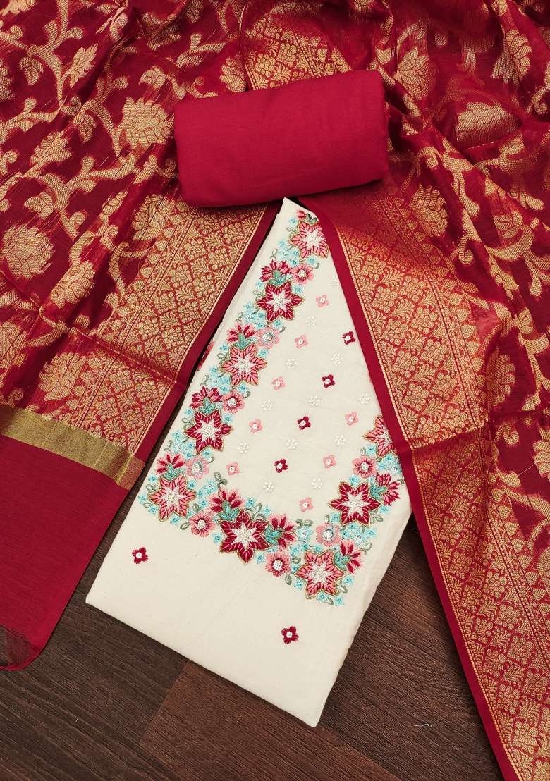 Off White Embroidered Cotton Straight Kurta Set - Indya