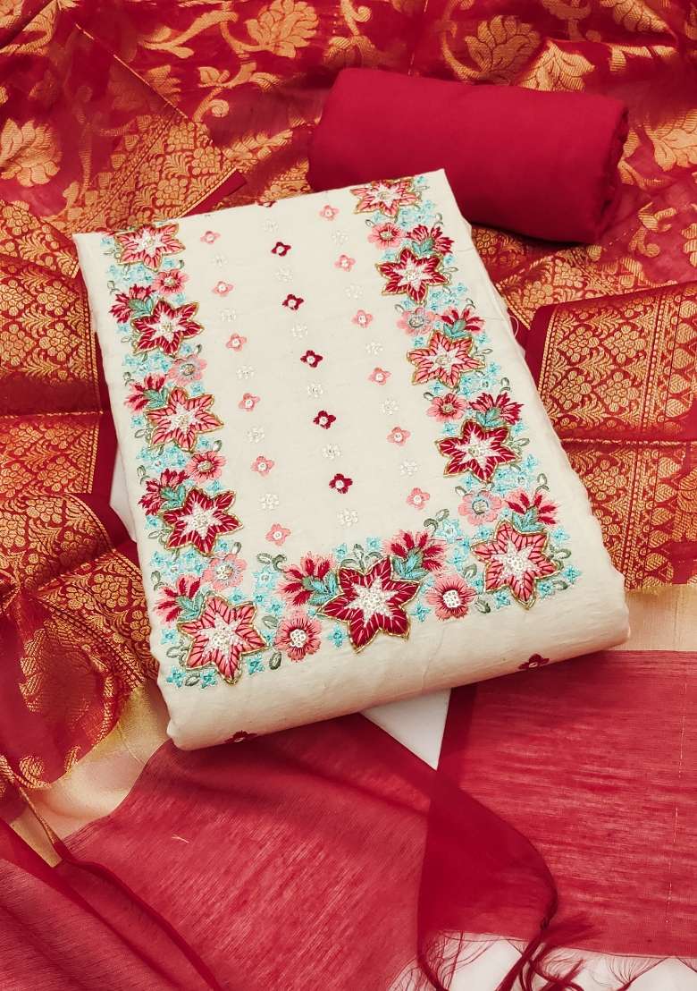 Off White Embroidered Cotton Straight Kurta Set - Indya