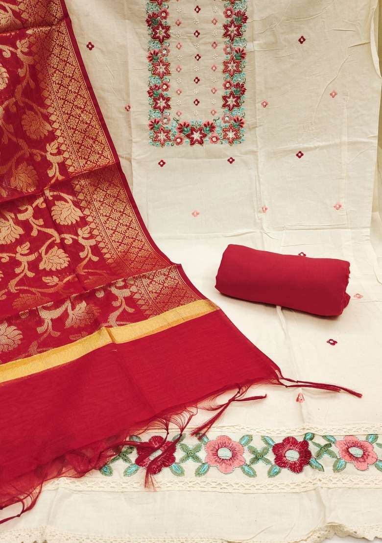 Off White Embroidered Cotton Straight Kurta Set - Indya