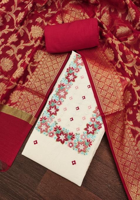 Off White Embroidered Cotton Blend Dress Material