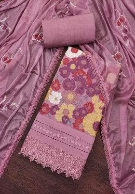 Levender Pink Embroidered Cotton Blend Dress Material