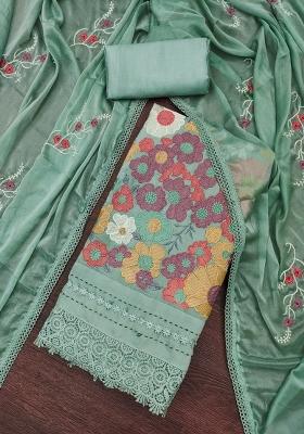 Sea Green Embroidered Cotton Blend Dress Material