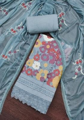 Grey Embroidered Cotton Blend Dress Material
