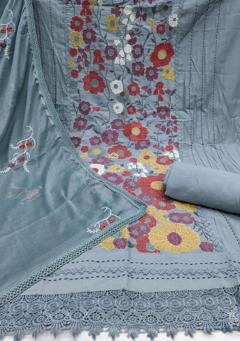 Grey Embroidered Blended Pakistani Suit Set - Indya