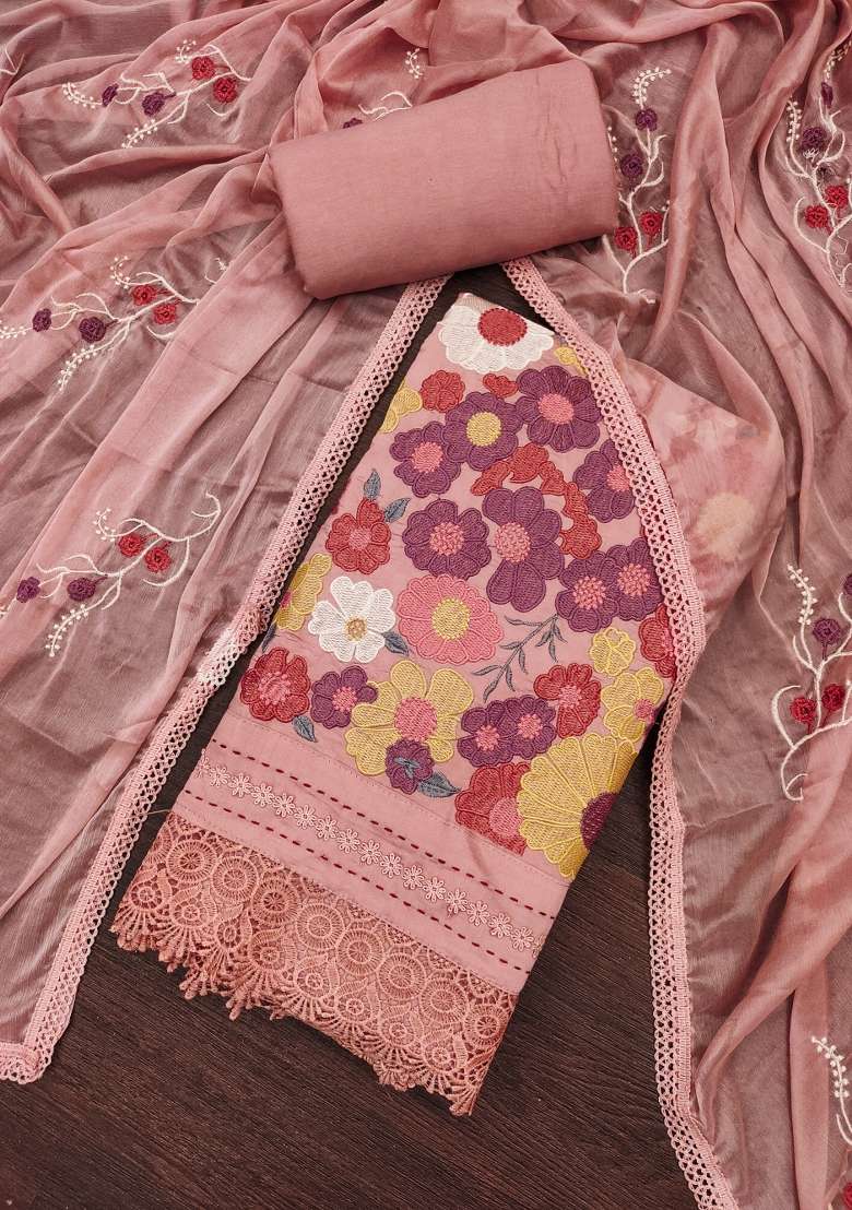 Peach Embroidered Cotton Blend Dress Material - Indya