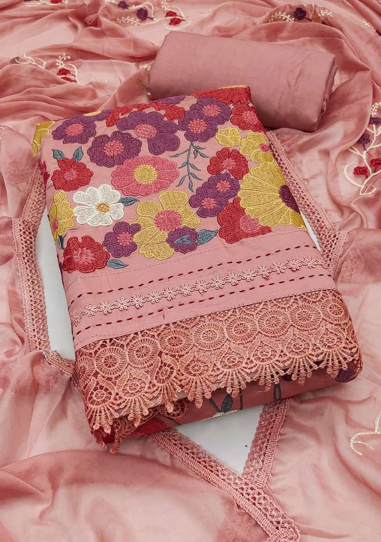 Peach Embroidered Cotton Blend Dress Material - Indya