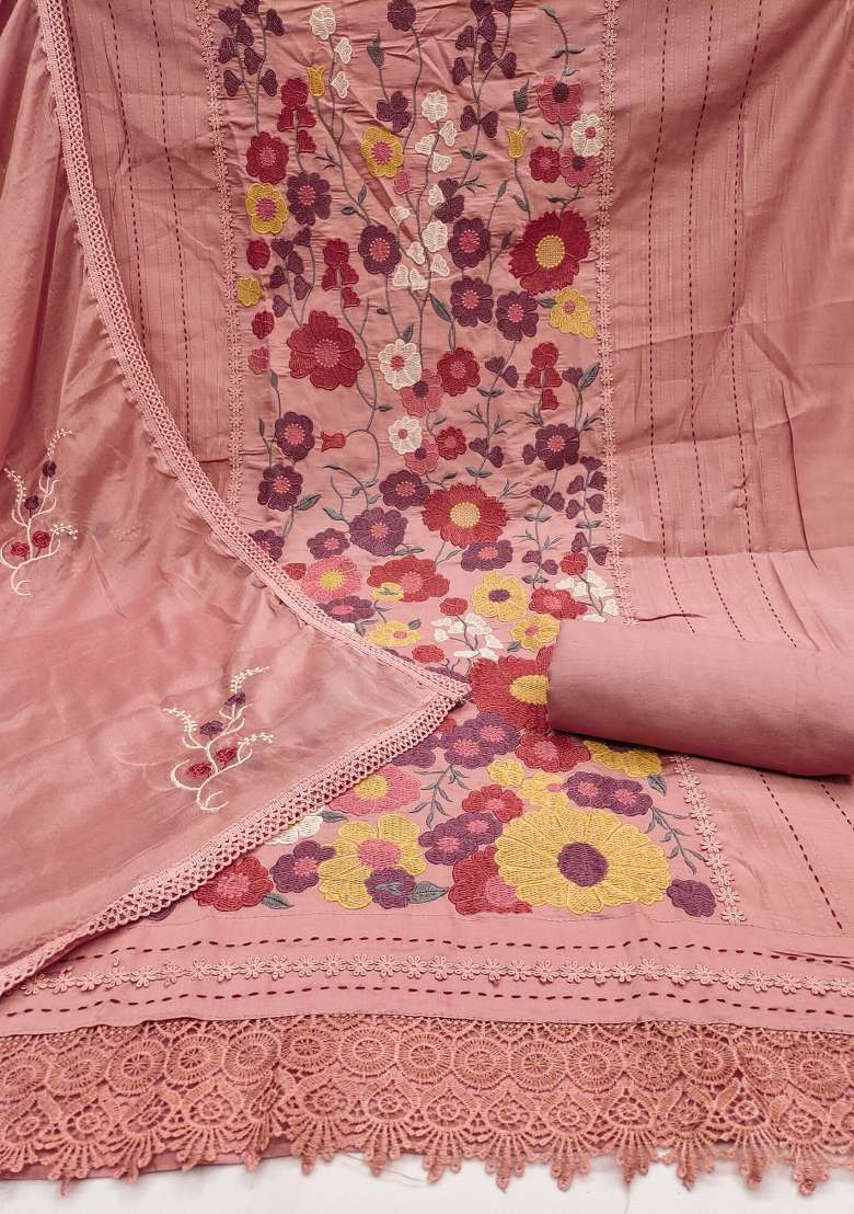 Peach Embroidered Cotton Blend Dress Material - Indya