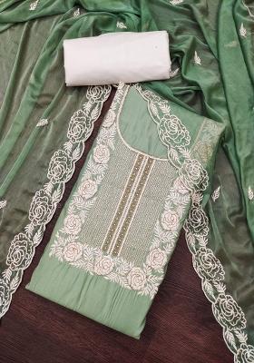 Light Green Embroidered Cotton Blend Dress Material