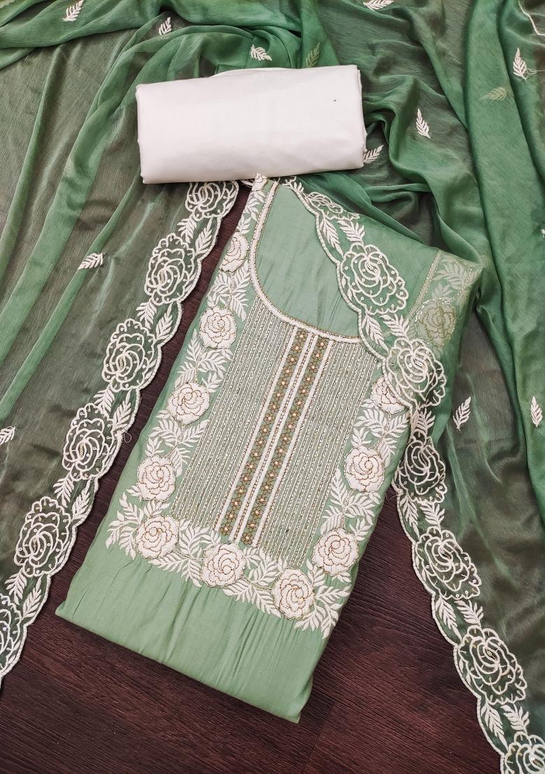 Light Green Embroidered Cotton Blend Dress Material