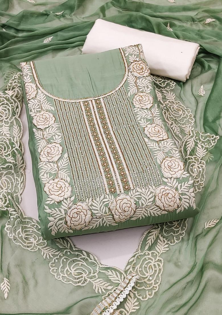 Light Green Embroidered Cotton Blend Dress Material