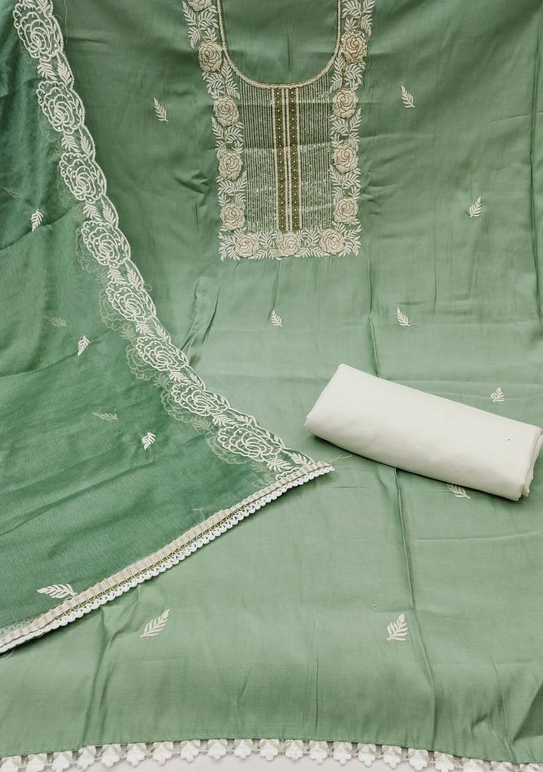 Light Green Embroidered Cotton Blend Dress Material