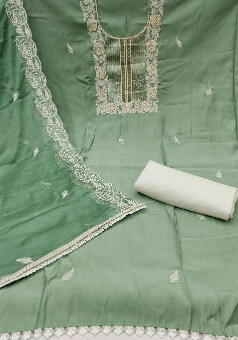 Light Green Embroidered Cotton Blend Dress Material