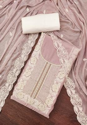 Baby Pink Embroidered Cotton Blend Dress Material