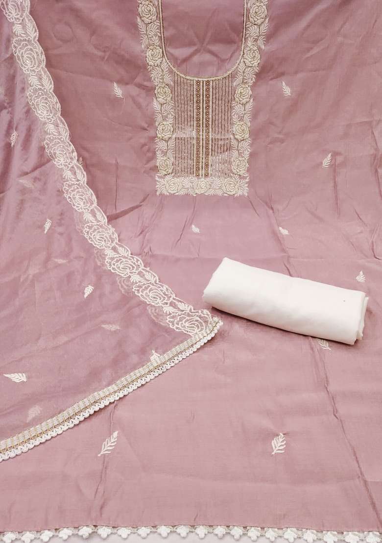 Baby Pink Embroidered Cotton Straight Kurta Set - Indya