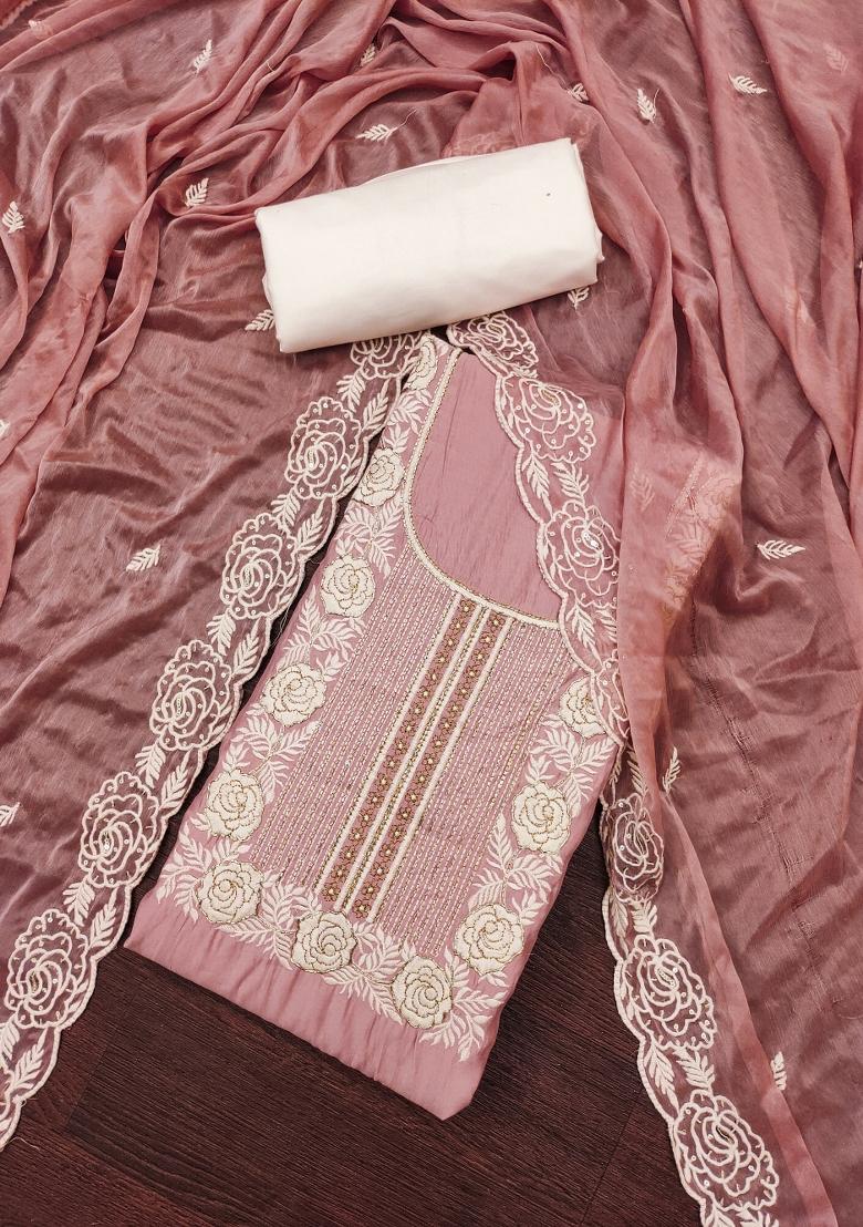 Pink Embroidered Cotton Blend Dress Material
