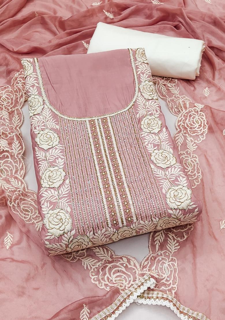 Pink Embroidered Cotton Blend Dress Material