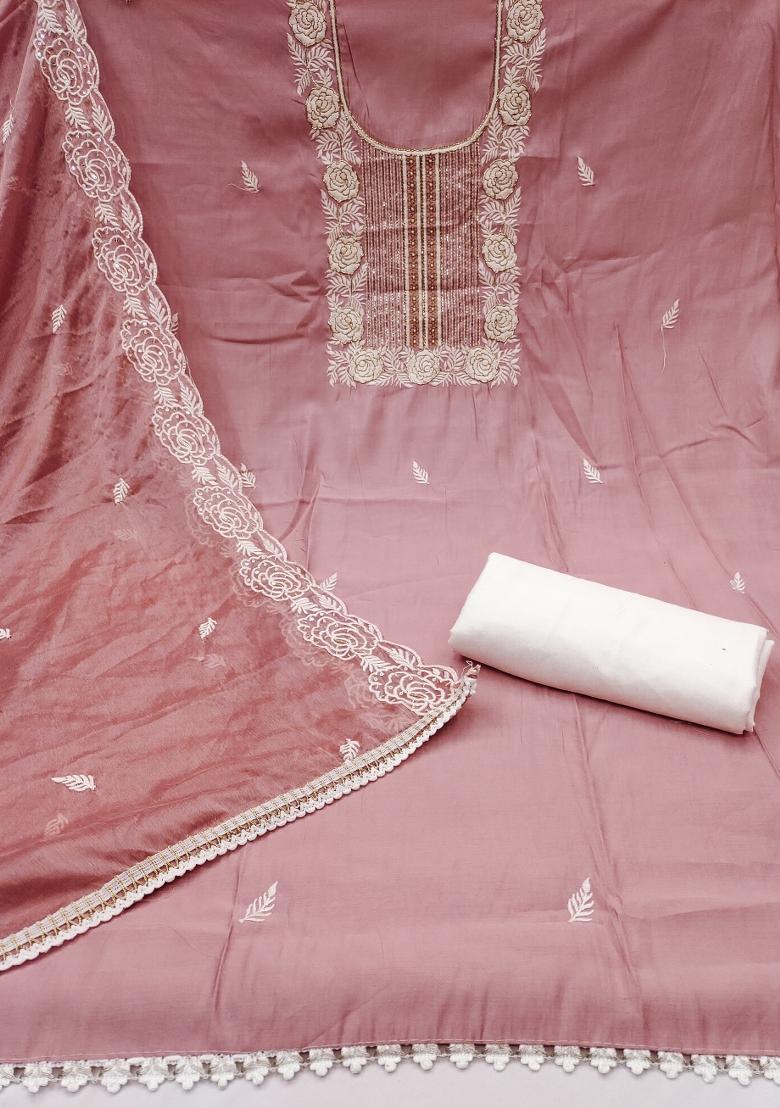 Pink Embroidered Cotton Blend Dress Material