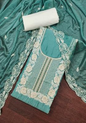 Sea Green Embroidered Cotton Blend Dress Material