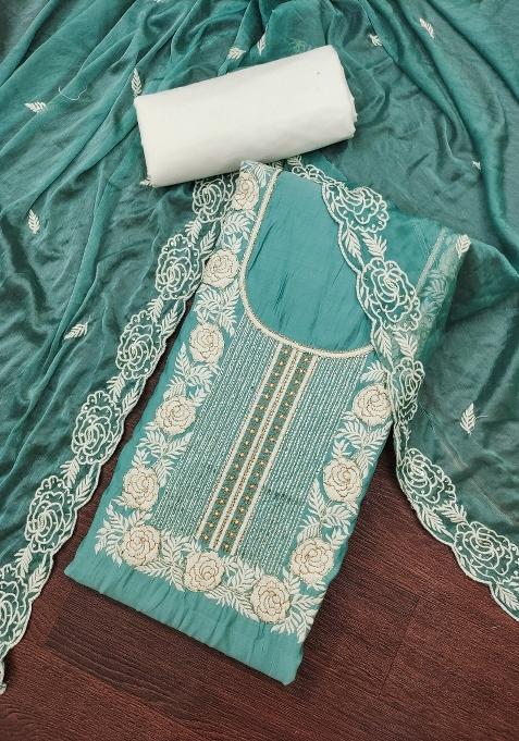 Sea Green Embroidered Cotton Straight Kurta Set