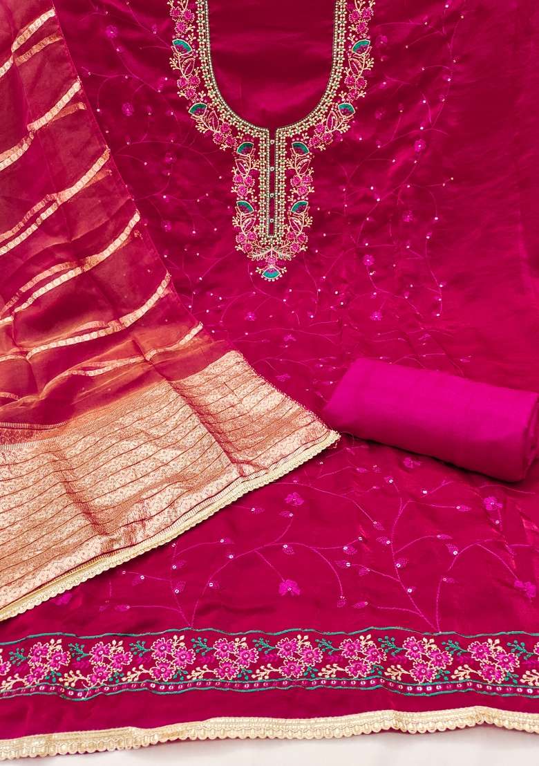Pink Embroidered Silk Blend Straight Kurta Set - Indya
