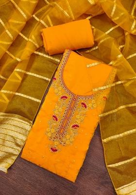 Yellow Embroidered Silk Dress Material