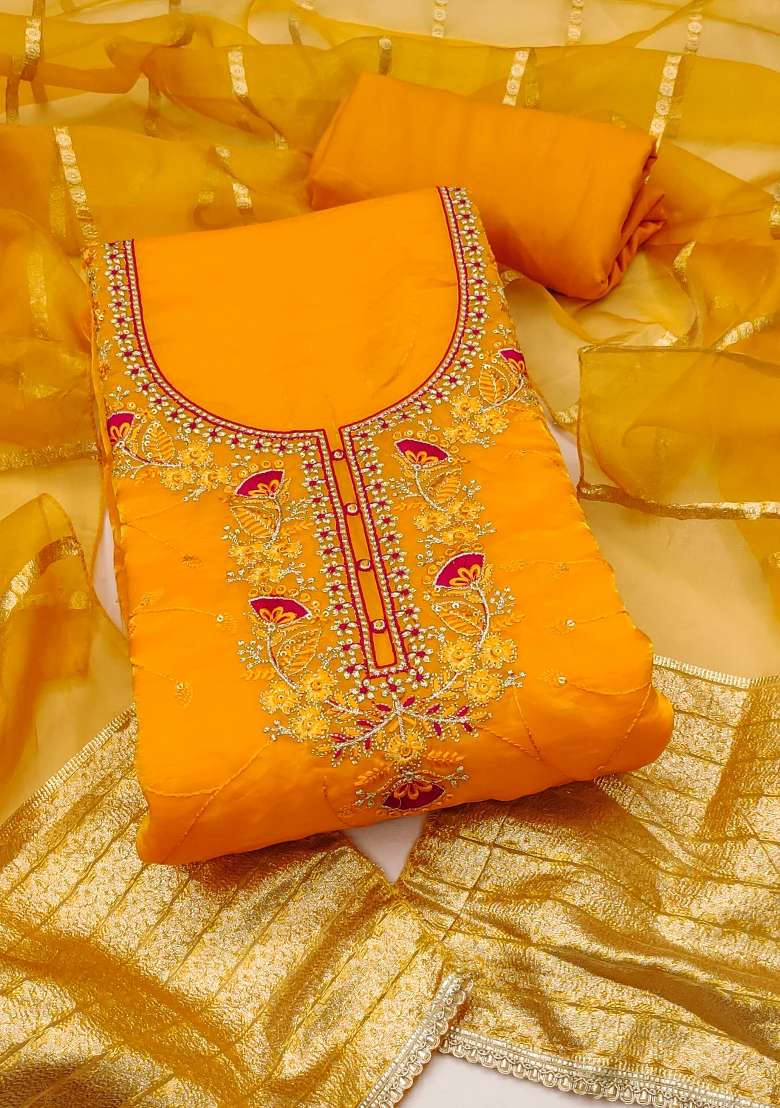 Yellow Embroidered Silk Blend Straight Kurta Set - Indya