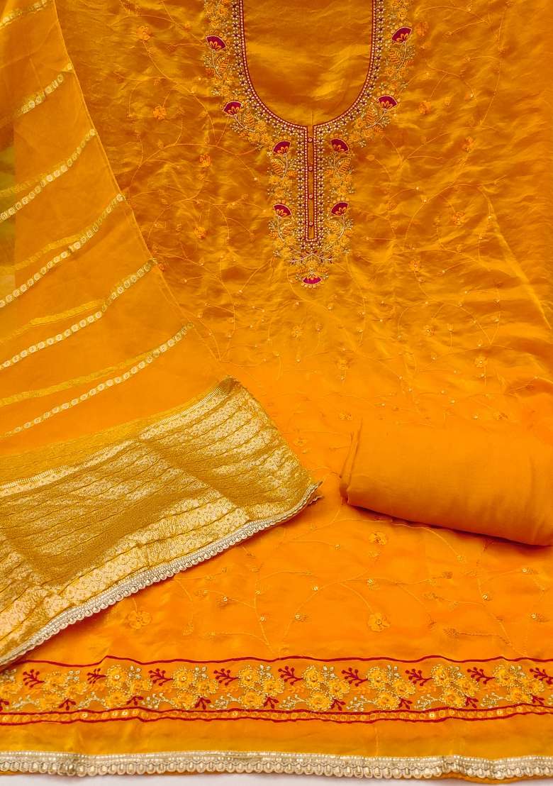 Yellow Embroidered Silk Blend Straight Kurta Set - Indya