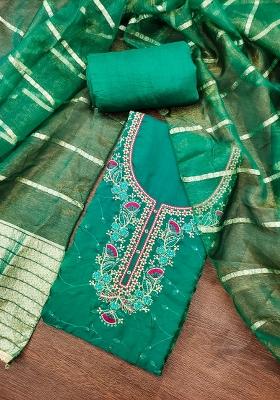 Sea Green Embroidered Silk Dress Material