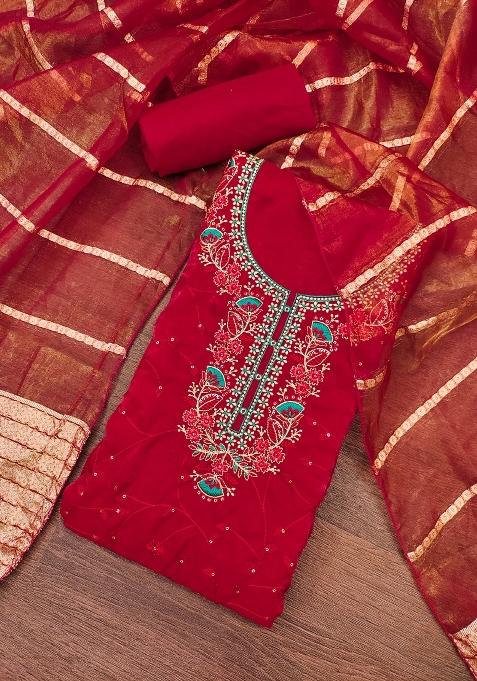 Maroon Embroidered Silk Dress Material