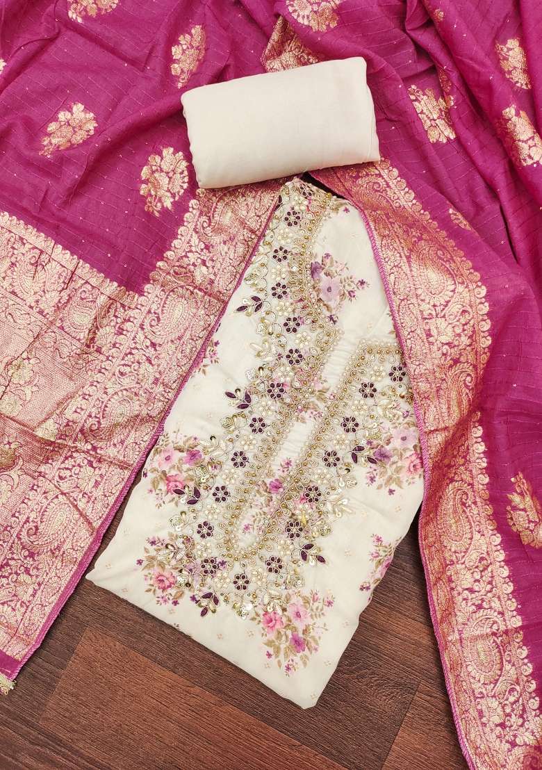 Off White Embroidered Chanderi Straight Kurta Set - Indya