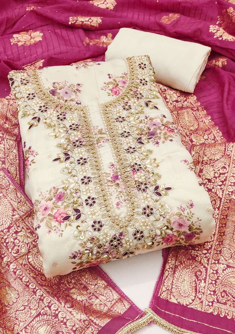 Off White Embroidered Chanderi Straight Kurta Set - Indya