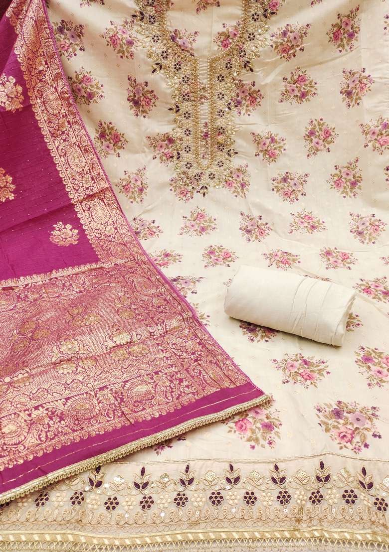 Off White Embroidered Chanderi Straight Kurta Set - Indya